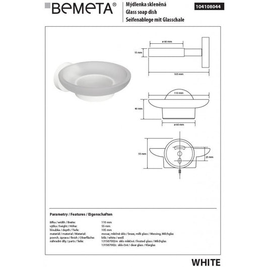 Portasapone da parete BIANCO in ottone bianco e vetro 11 x 5,5 x 12,9 cm