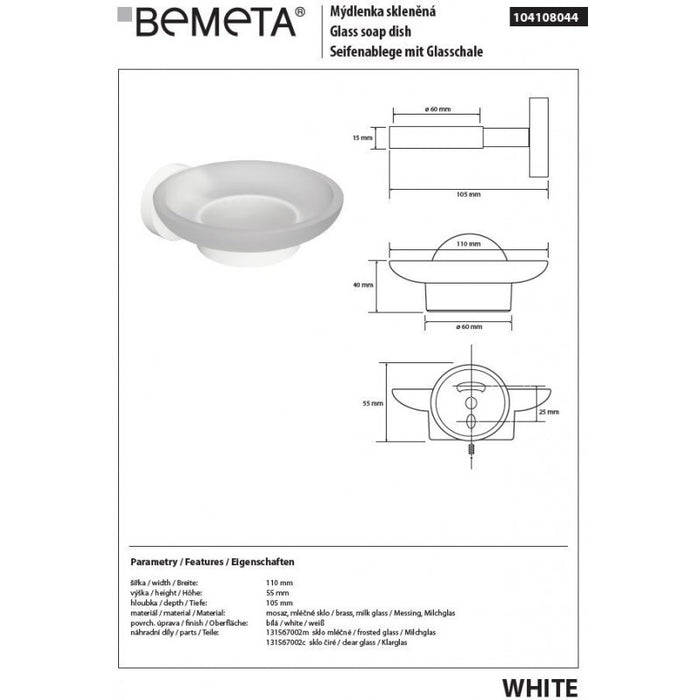 Portasapone da parete BIANCO in ottone bianco e vetro 11 x 5,5 x 12,9 cm