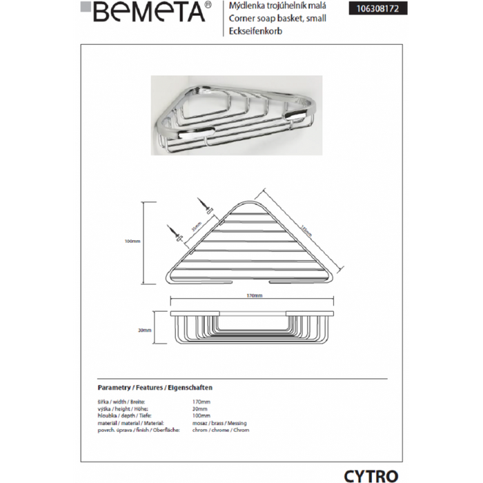 CYTRO portasapone angolare in ottone cromato 17x10x3 cm