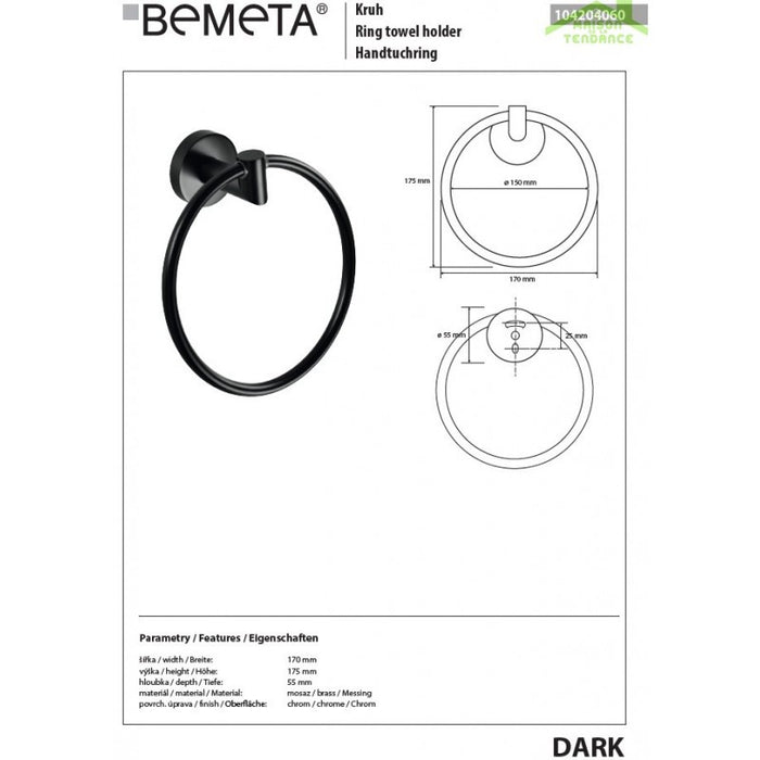 Anello porta asciugamani DARK in ottone nero 17x 17,5x 5,5cm / ø 15cm