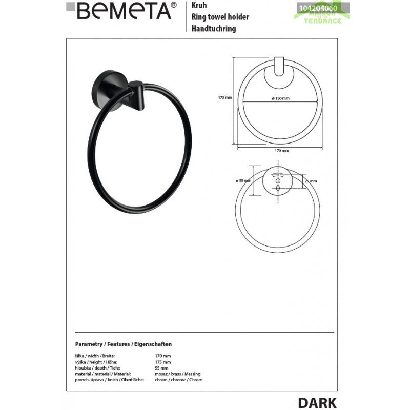 Anello porta asciugamani DARK in ottone nero 17x 17,5x 5,5cm / ø 15cm