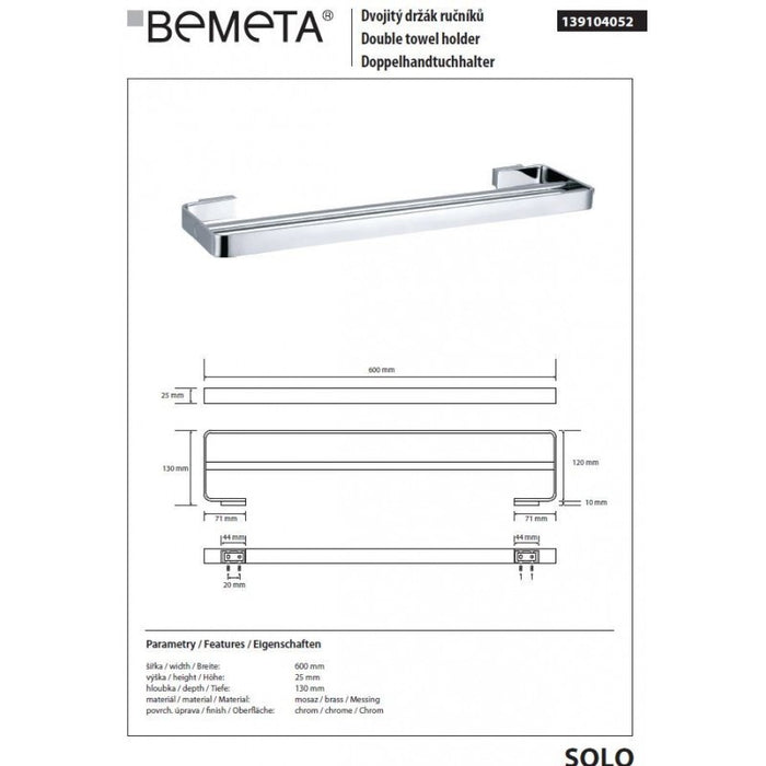 SOLO portasciugamani doppio a parete 60 x2,5 x13 cm in ottone cromato