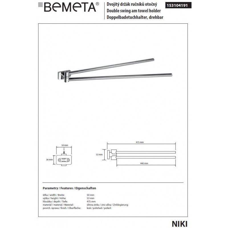 NIKI portasciugamani doppio girevole a parete 47,5 x5,3 x5 cm