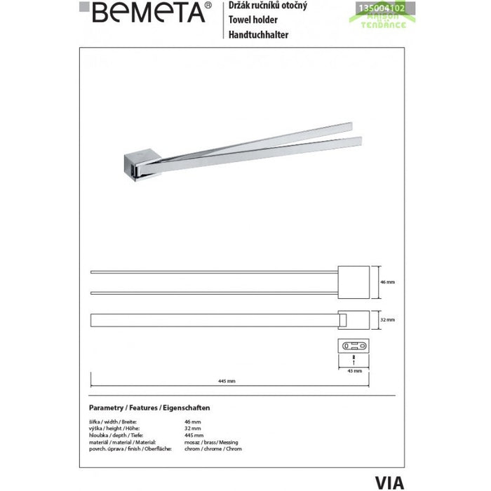 Portasciugamani doppio girevole VIA ottone cromato 4,6 x 3,2 x 44,5 cm