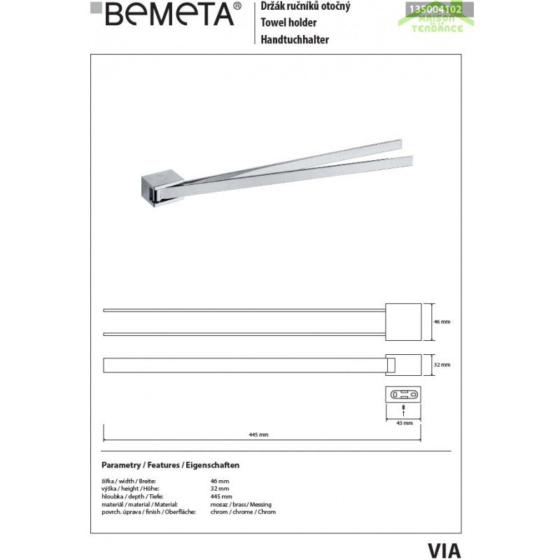 Portasciugamani doppio girevole VIA ottone cromato 4,6 x 3,2 x 44,5 cm