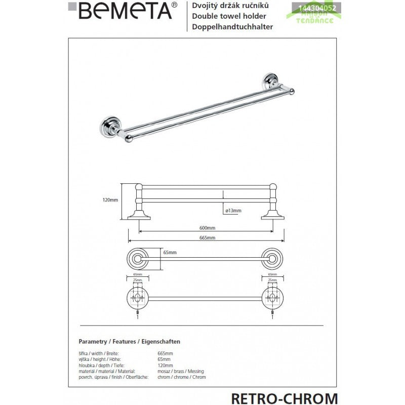 Portasciugamani doppio RETRO in ottone cromato 66,5x6,5x12 cm