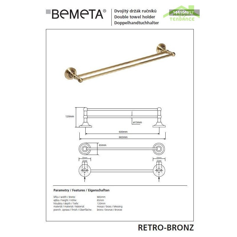 Portasciugamani doppio in ottone RETRO 66,5x6,5x12 cm