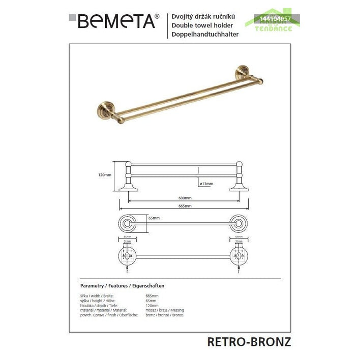 Portasciugamani doppio in ottone RETRO 66,5x6,5x12 cm