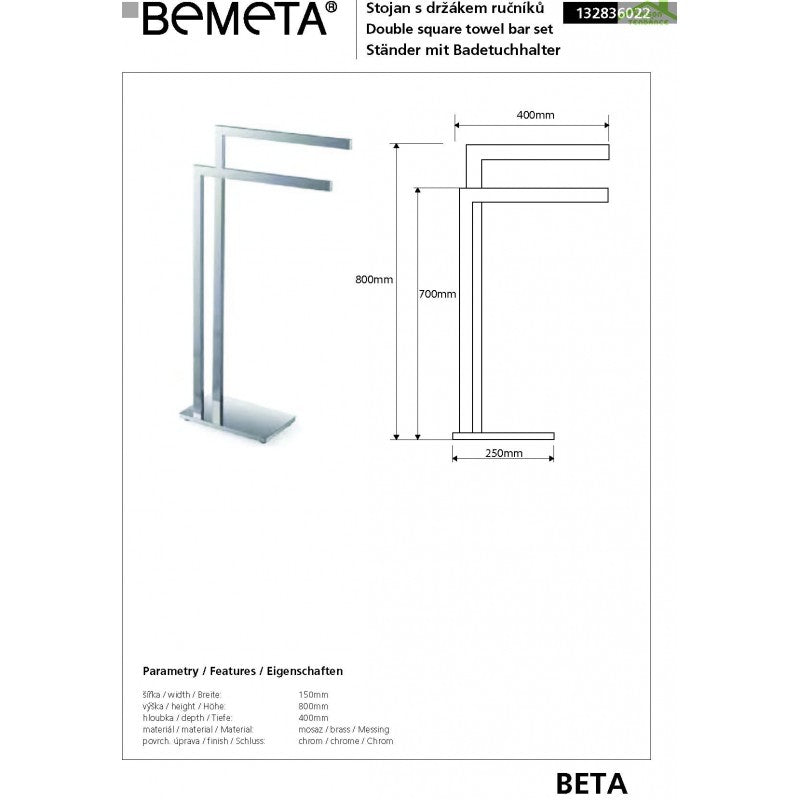 Portasciugamani a doppia barra in ottone cromato BETA 15 x 80 x 40cm