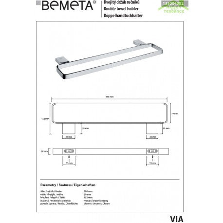 Portasciugamani doppio VIA ottone cromato 50 x2 x13,2 cm