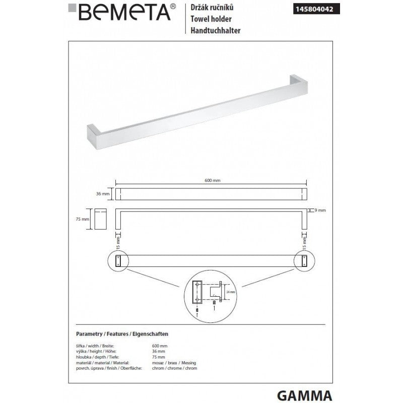 Portasciugamani a parete GAMMA in ottone cromato 60 x7,5 x3,6 cm