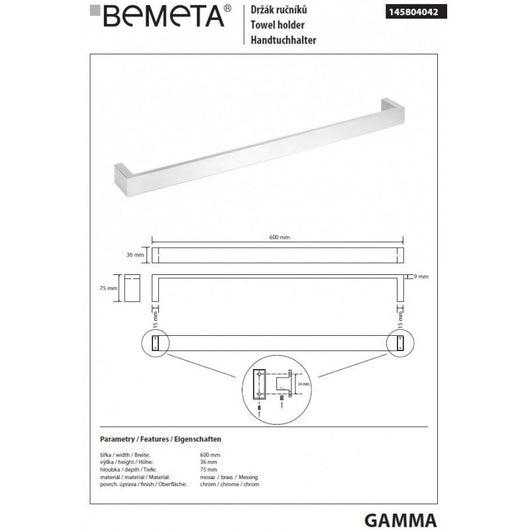Portasciugamani a parete GAMMA in ottone cromato 60 x7,5 x3,6 cm