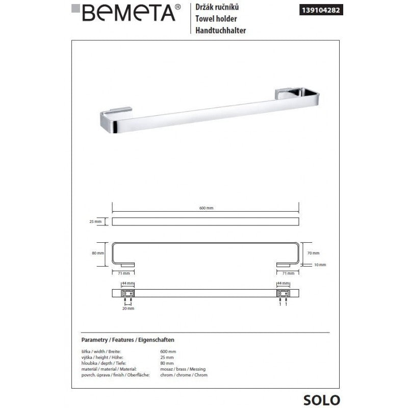 Portasciugamani a muro SOLO in ottone cromato 60 x2,5 x8 cm