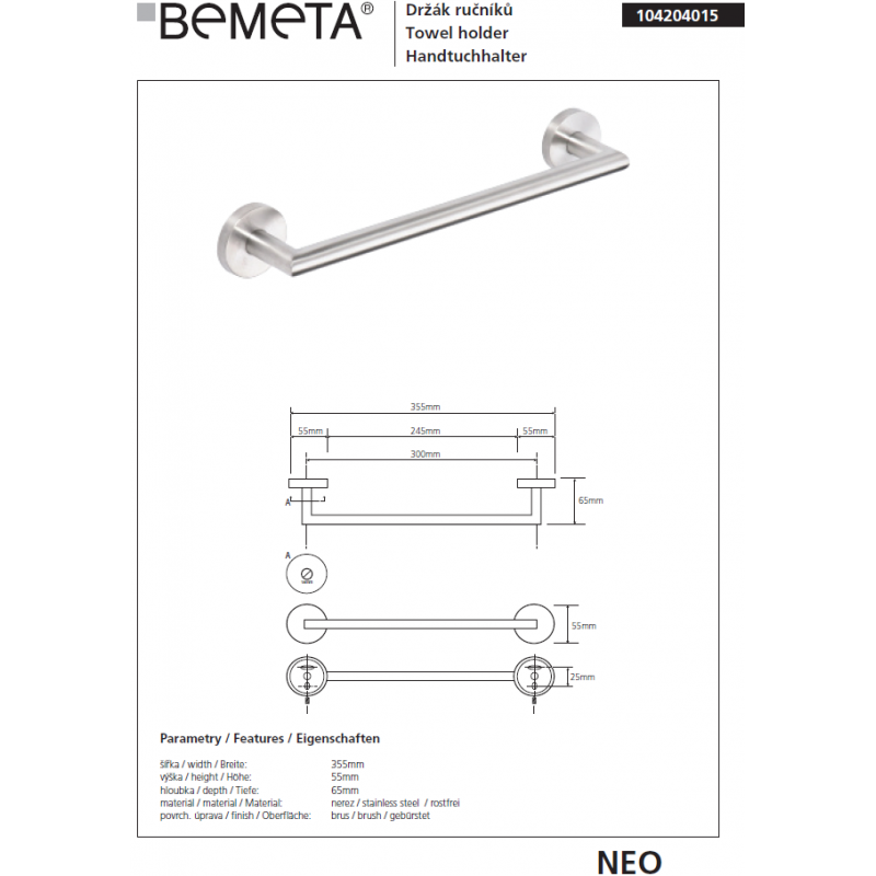 NEO Portasciugamani in acciaio inox 35 x7 x5,5cm