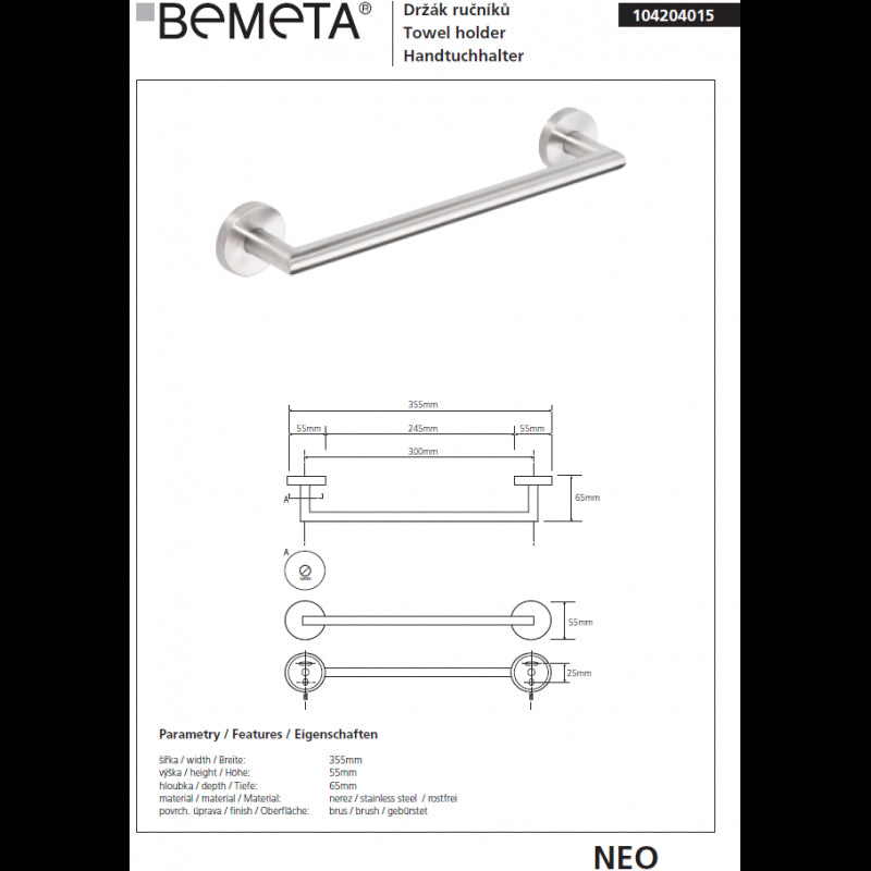NEO Portasciugamani in acciaio inox 35 x7 x5,5cm