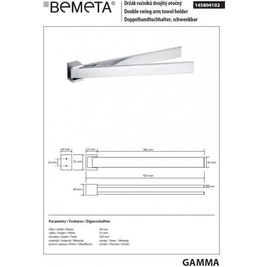 Portasciugamani a parete doppio girevole in ottone cromato 42 x5,5 x4 cm