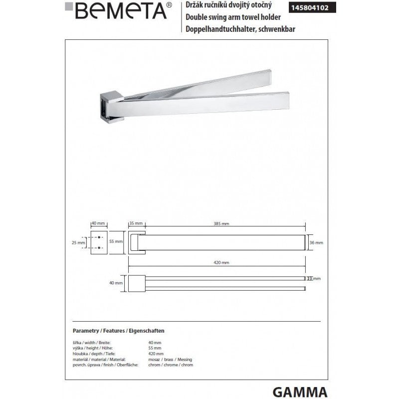 Portasciugamani a parete doppio girevole in ottone cromato 42 x5,5 x4 cm