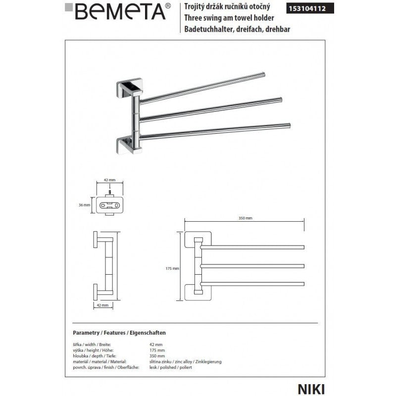 NIKI Portasciugamani a Parete Triplo Girevole 35 x17,5 x4,2 cm