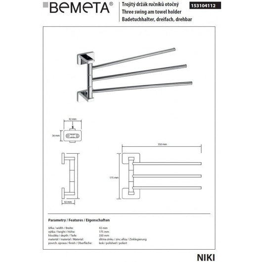 NIKI Portasciugamani a Parete Triplo Girevole 35 x17,5 x4,2 cm