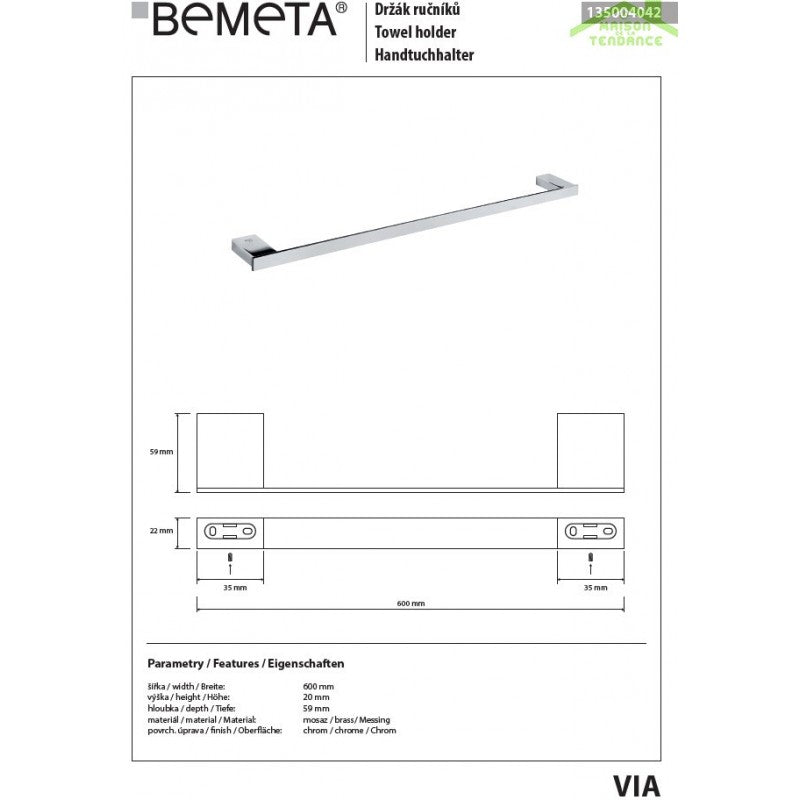 Portasciugamani VIA ottone cromato 60 x 2 x5,9 cm