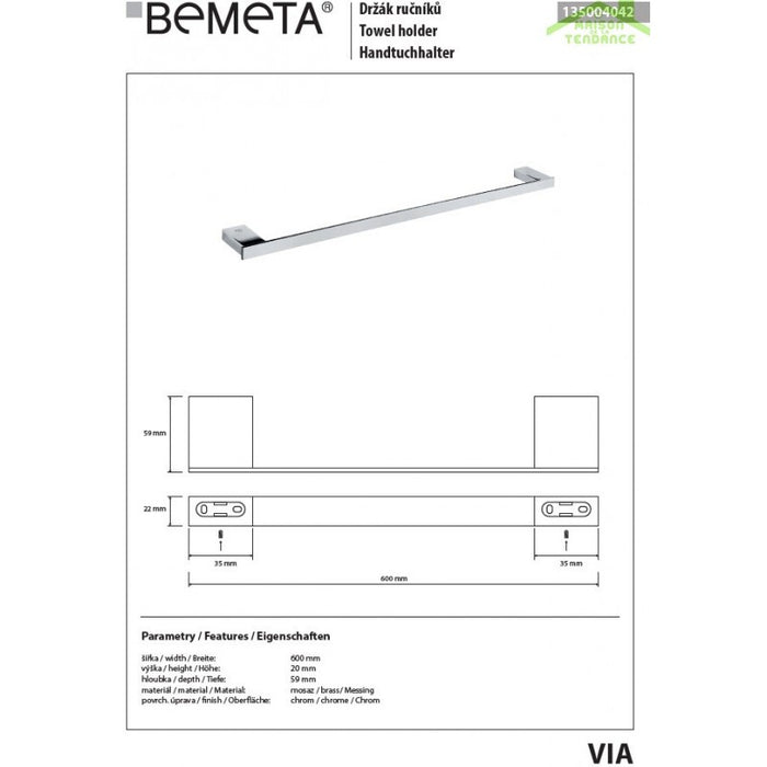 Portasciugamani VIA ottone cromato 60 x 2 x5,9 cm