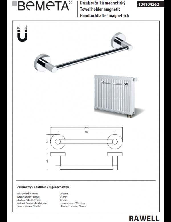 Porta asciugamani magnetico RAWELL per radiatore 26x5,4x6,3 cm in cromo