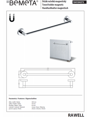 Porta salviette magnetico RAWELL per radiatore 43x5,4x6,3 cm in cromo
