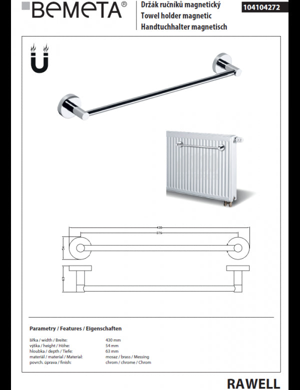 Porta salviette magnetico RAWELL per radiatore 43x5,4x6,3 cm in cromo