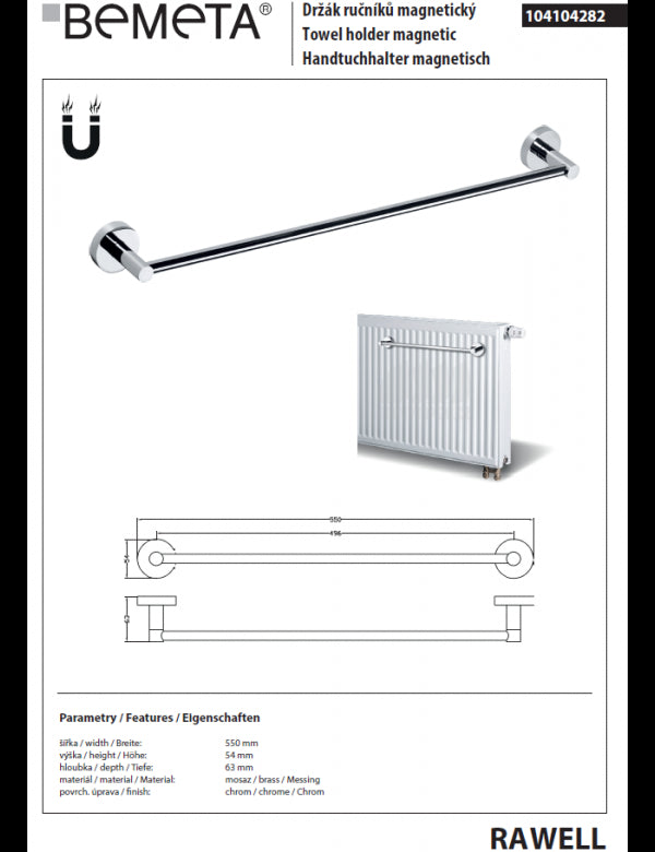 RAWELL portasciugamani magnetico per radiatore 55x5,4x6,3 cm in cromo