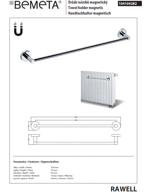 RAWELL portasciugamani magnetico per radiatore 55x5,4x6,3 cm in cromo