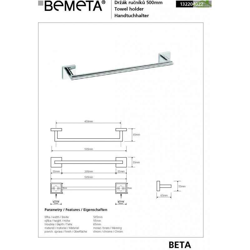Portasciugamani BETA in ottone cromato 50,5 cm x 5,5 cm x 6,5 cm