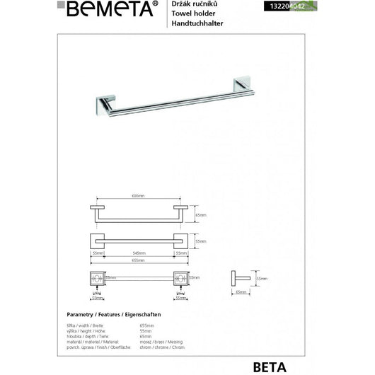 Portasciugamani BETA in ottone cromato 65,5 cm x 5,5 cm x 6,5 cm