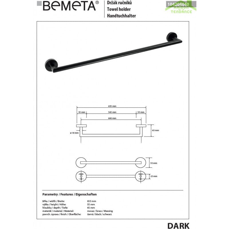 Portasciugamani in ottone nero SCURO 65,5 cm x 5,5 cm x 6,5 cm