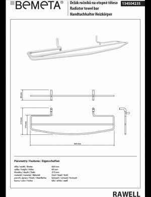 RAWELL doppio portasciugamani bianco per radiatore 60x6,9x21,5 cm
