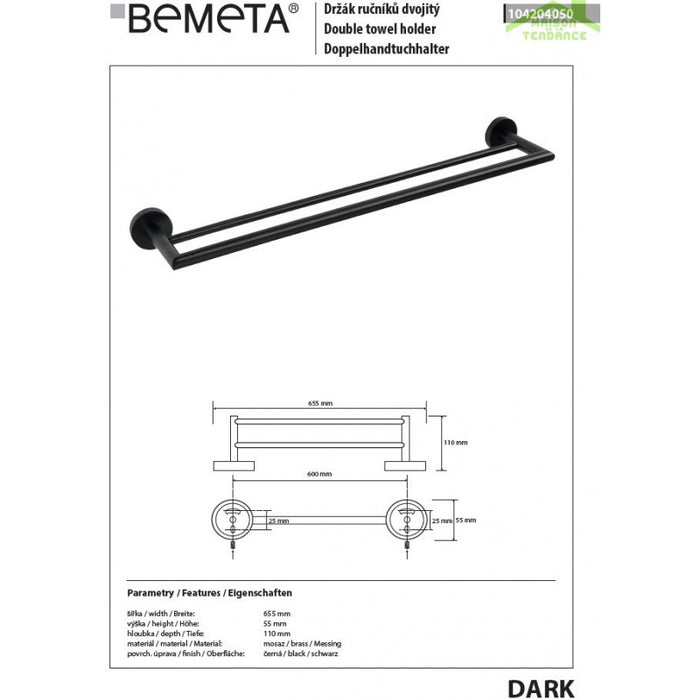 Portasciugamani doppio DARK in ottone nero 65,5cm x 5,5cm x11cm