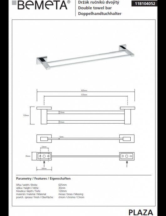 PLAZA Doppio Portasciugamani Cromato 12x62,5x3,5 cm