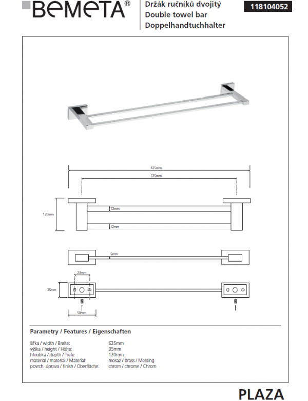 PLAZA Doppio Portasciugamani Cromato 12x62,5x3,5 cm