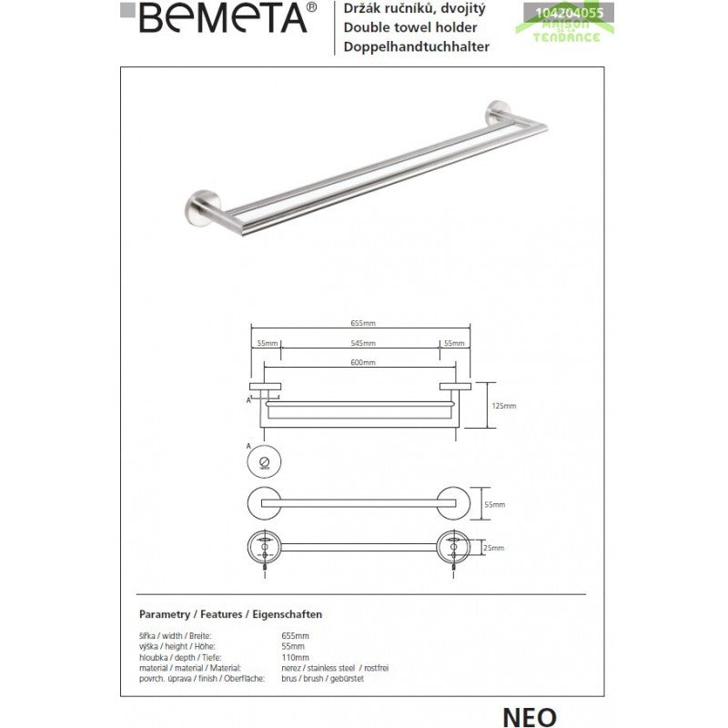 Portasciugamani doppio NEO in acciaio inox 65x12x5,5cm