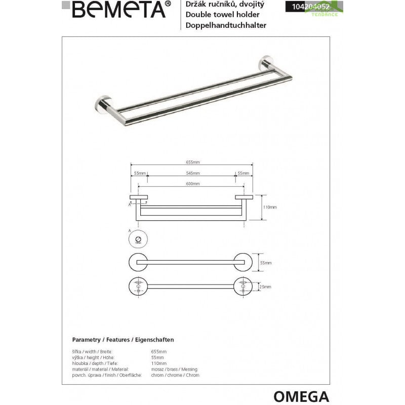 Portasciugamani doppio a muro OMEGA 65,5x5,5x11cm