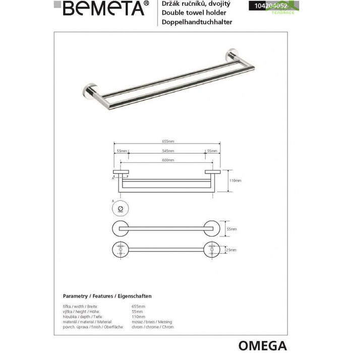 Portasciugamani doppio a muro OMEGA 65,5x5,5x11cm