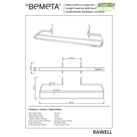Portasciugamani doppio bianco per radiatore RAWELL 59x7,5x15cm
