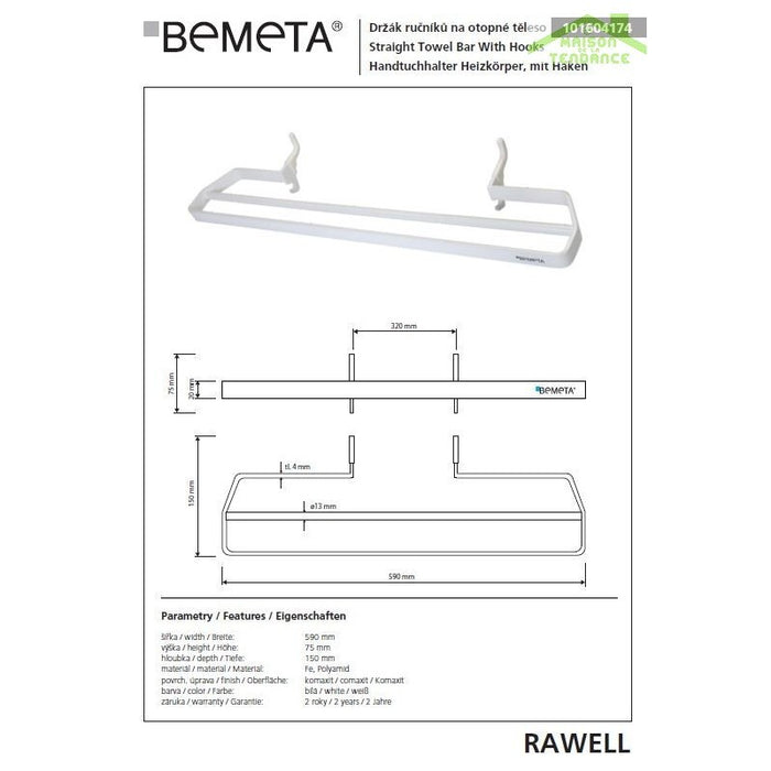 Portasciugamani doppio bianco per radiatore RAWELL 59x7,5x15cm
