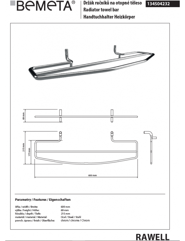 RAWELL doppio portasciugamani per radiatore 60x6,9x21,5 cm in cromo