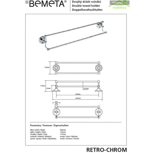 Portasciugamani doppio RETRO in ottone cromato 66,5x12,5x11,5 cm
