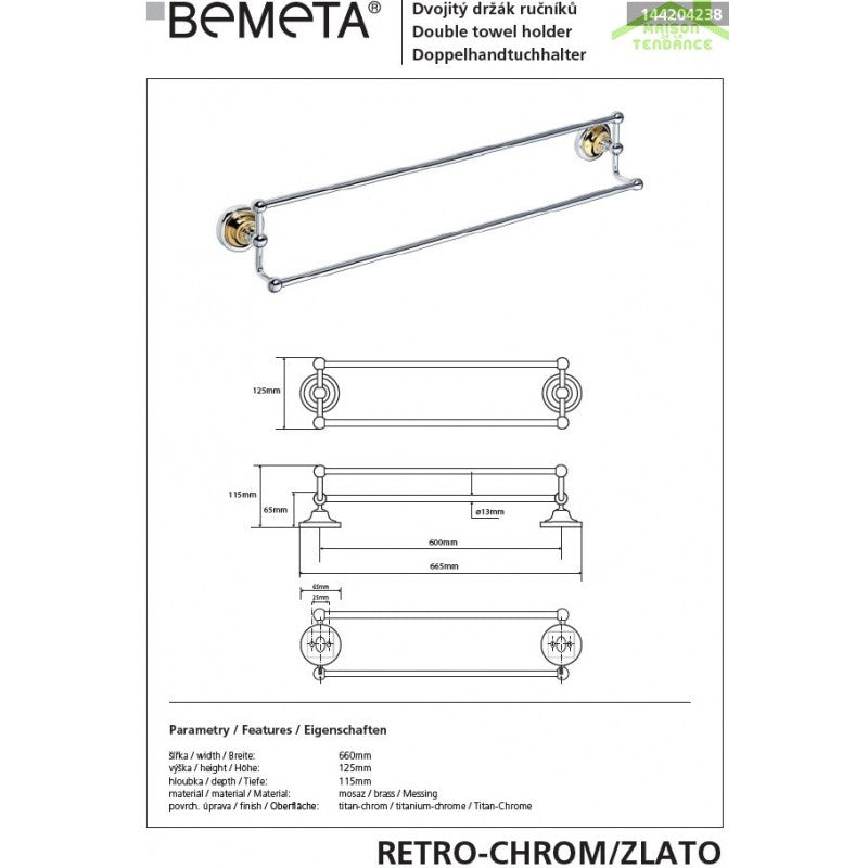 Portasciugamani doppio RETRO in ottone cromato-oro 66,5x12,5x11,5 cm