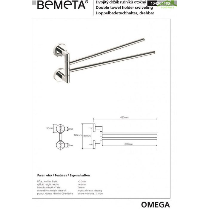 Portasciugamani doppio girevole OMEGA ottone cromato 42x16,5x7cm