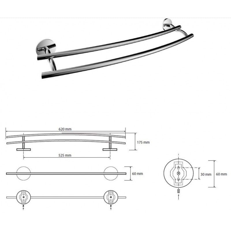 ALFA portasciugamani doppio a parete in zinco 62x11 cm