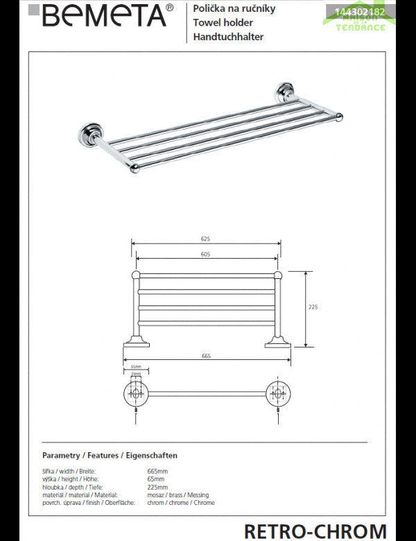 Portasciugamani RETRO in ottone cromato 66,5x6,5x22,5 cm