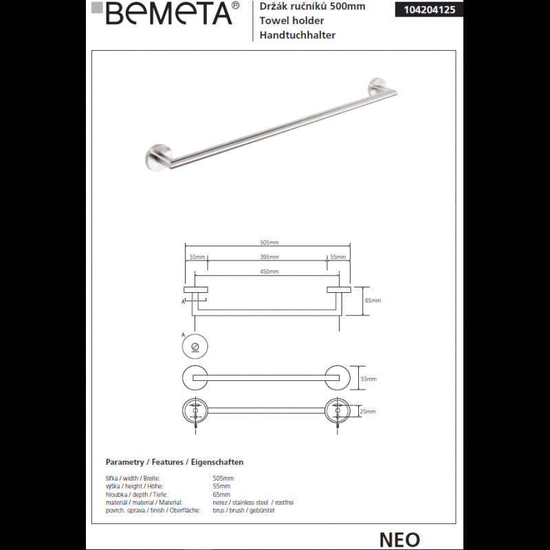 NEO Portasciugamani in acciaio inox 50x7x5,5cm