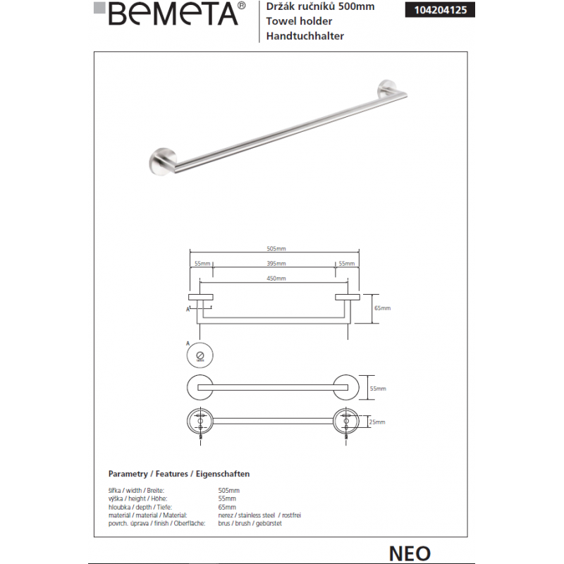 NEO Portasciugamani in acciaio inox 50x7x5,5cm